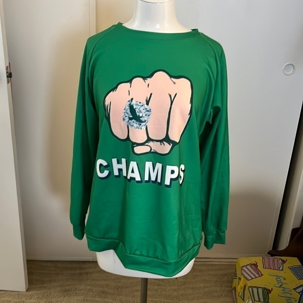 Philadelphia eagles, green champs, light shirt, size large